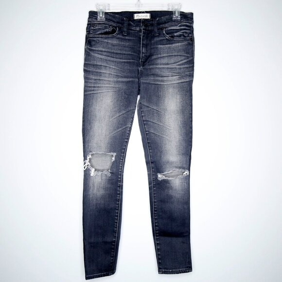 Madewell High Riser Black Stone Washed Ripped Skinny Ankle Jeans - 28 - Picture 1 of 2